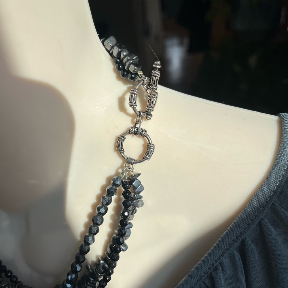 Black 3 Strand Necklace with Silver Tone Accents - Picture 10 of 16